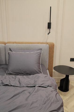 Сатинова постіль &laquo;Графіт&raquo; оздоблена білим кантом, євро, 50x70 2шт, Білий, без резинки 41000 фото