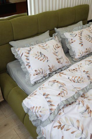 Комплект постільної білизни Бязь Gold Lux з рюшами - &laquo;Евкаліпт з сіро-зеленим&raquo;, 1,5 спальний, 50x70 2шт, без резинки 608100 фото